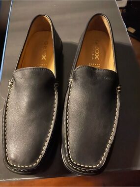 Geox Black Leather Slip-On Moccasin Loafers